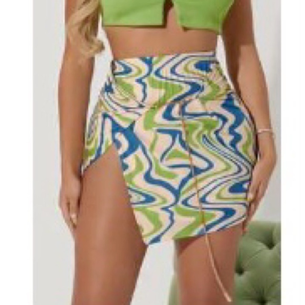 SHEIN Blue and Green Swirl Mini Skirt Set